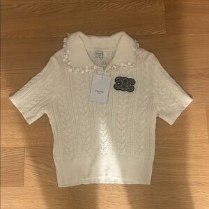 CELINE Cream Cable-Knit Short Sleeve Polo with Floral Trim